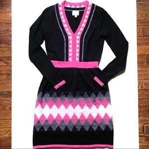 Milly of New York Black & Pink V-Neck Wool Dress P